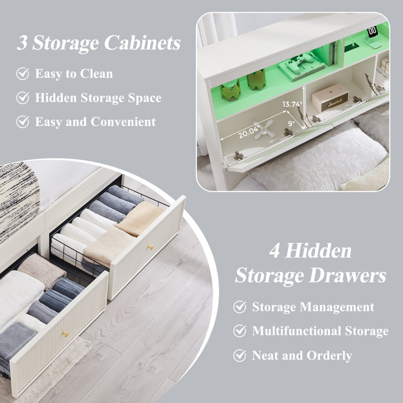  Structure de lit avec tête de lit avec rangement, station de charge avec lumières DEL / tête de rangement, base de lit moderne à 4 tiroirs avec lit plateforme en bois cannelé