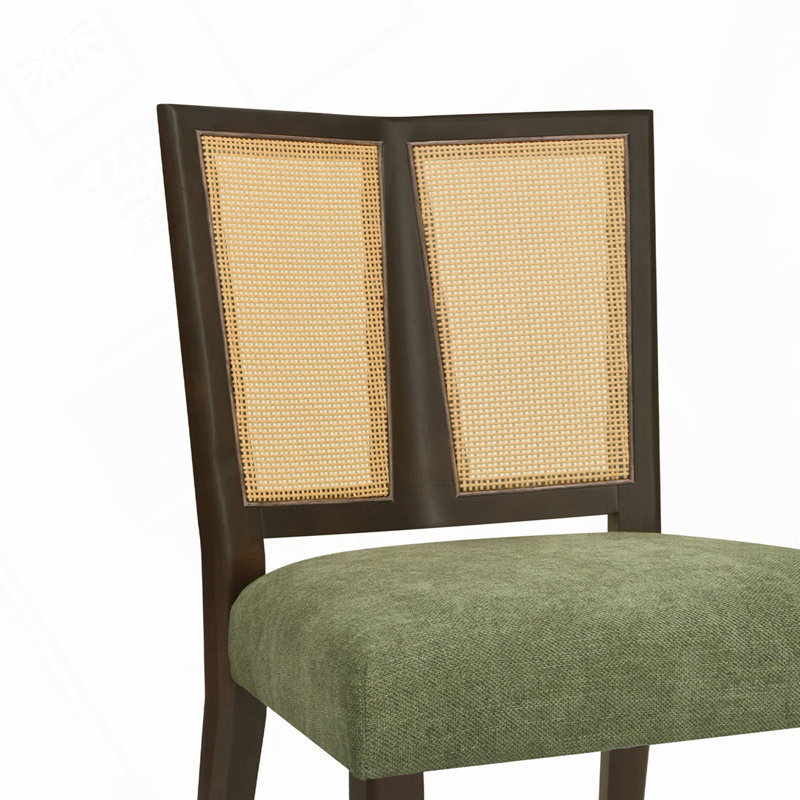 Callan Mid-Century Modern Dining Chairs With PE Rattan Backs, Dark Brown, Green