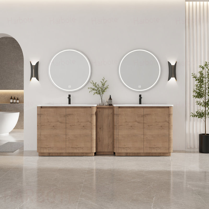 Meuble-lavabo autoportant avec lavabo en céramique et 1 petite armoire de rangement, porte à fermeture en douceur, emballage d'imitation, contreplaqué