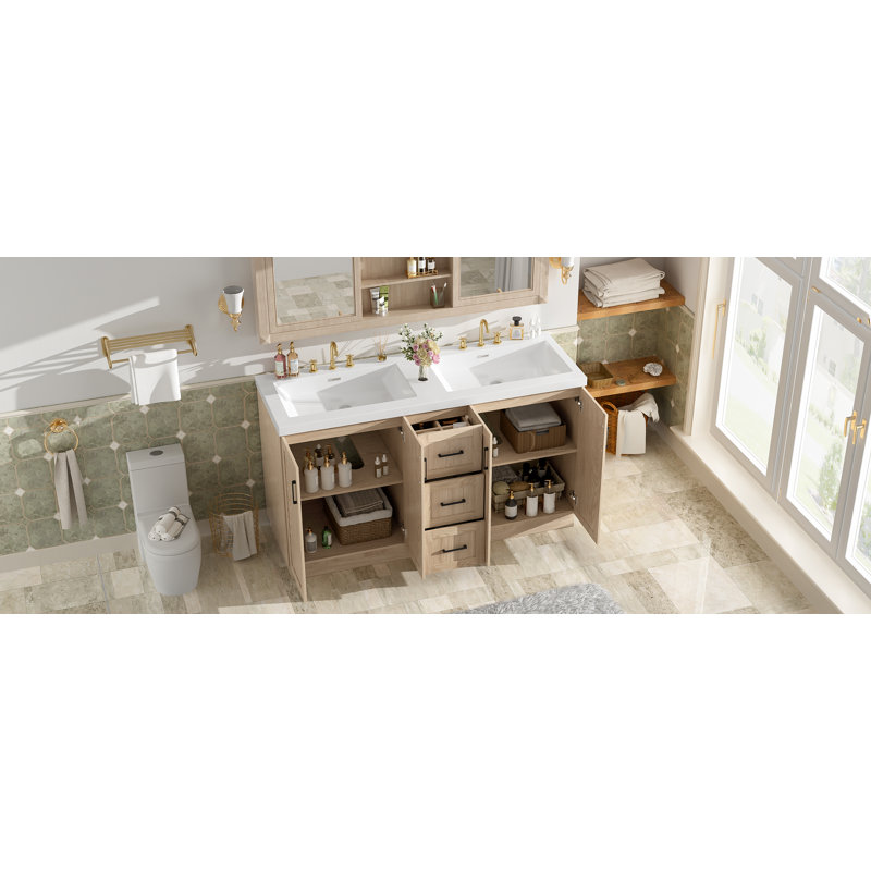 Meuble-lavabo double transitionnel Timberglen avec panneau de fibres à densité moyenne et portes à fermeture en douceur