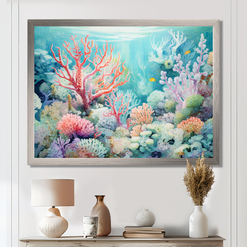 Underwater Coral Symphony Ii II - Coastal Coral Under Water, art mural, H 12 po x l 20 po x P 1 po, Cadre flottant brun