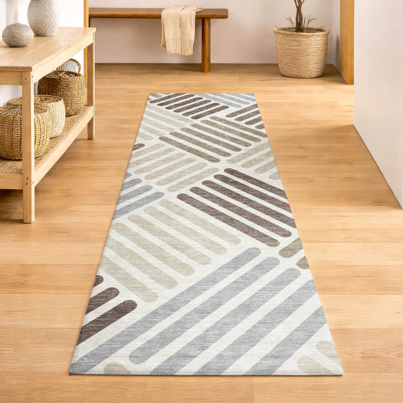 Premium Machine Washable Mayfield AMF2339 Geometric Rug, 2'3" x 7'6" Runner, Ivory