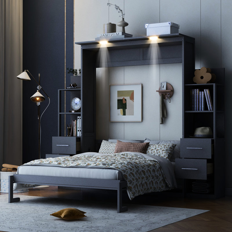 Grand lit en gris - Économiseur d'espace élégant avec tablettes et tiroirs, Gris, Grand lit