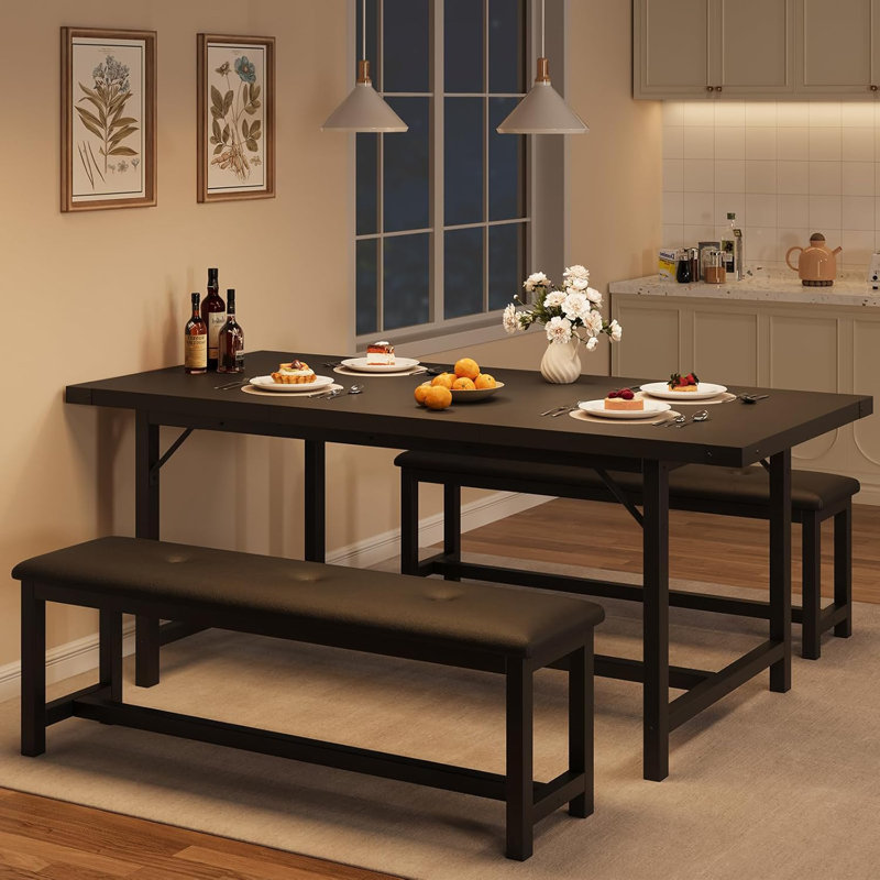 63" Dining Table Set for 4-6, Large Extendable Kitchen Table Set with 2 Upholstered Benches for 6, 3 Piece Rectangle Dining Table Set for 4 for Apartment, Saving Space