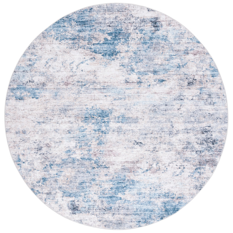 Tapis en polyester tissé à la machine abstrait bleu / blanc / gris Suntia, Rond 6 pi