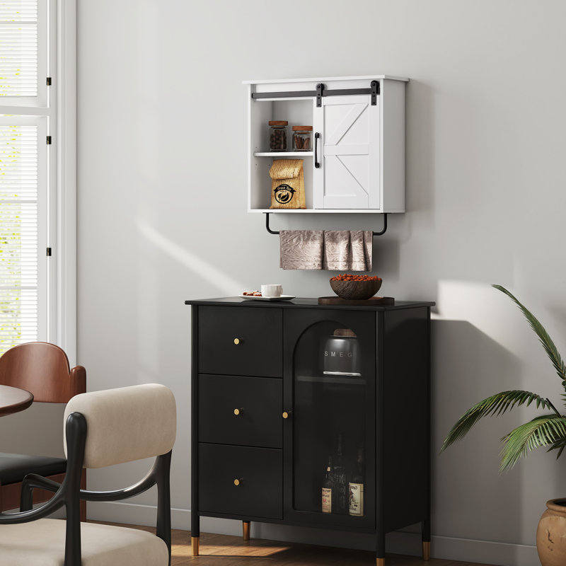 Armoire à pharmacie murale avec éclairage à DEL, porte de grange coulissante, barre à serviettes - tablette réglable, rangement mural pour salle de bain, cuisine, entrée