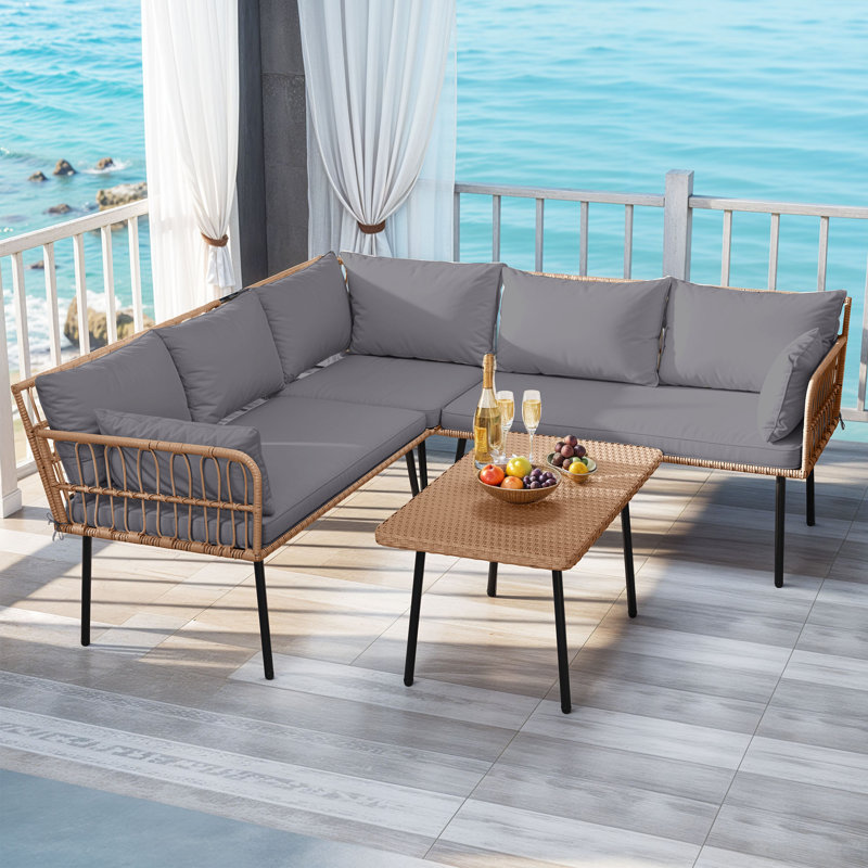 Ensemble de canapé d'angle extérieur en rotin PE - Résistant aux intempéries avec coussins lavables et table basse