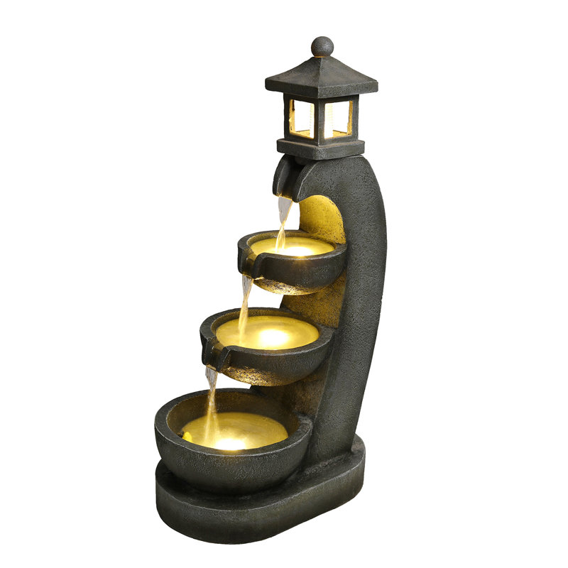 35" Asian-Inspired 4-Tier Cascading Lantern Outdoor Water Fountain with Integrated LED Lights, Weather-Resistant Resin Garden Waterfall