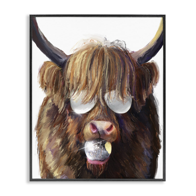Highland Bovins avec boule disco, estampe numérique, design par Kamdon Kreations, H 14 po x l 11 po