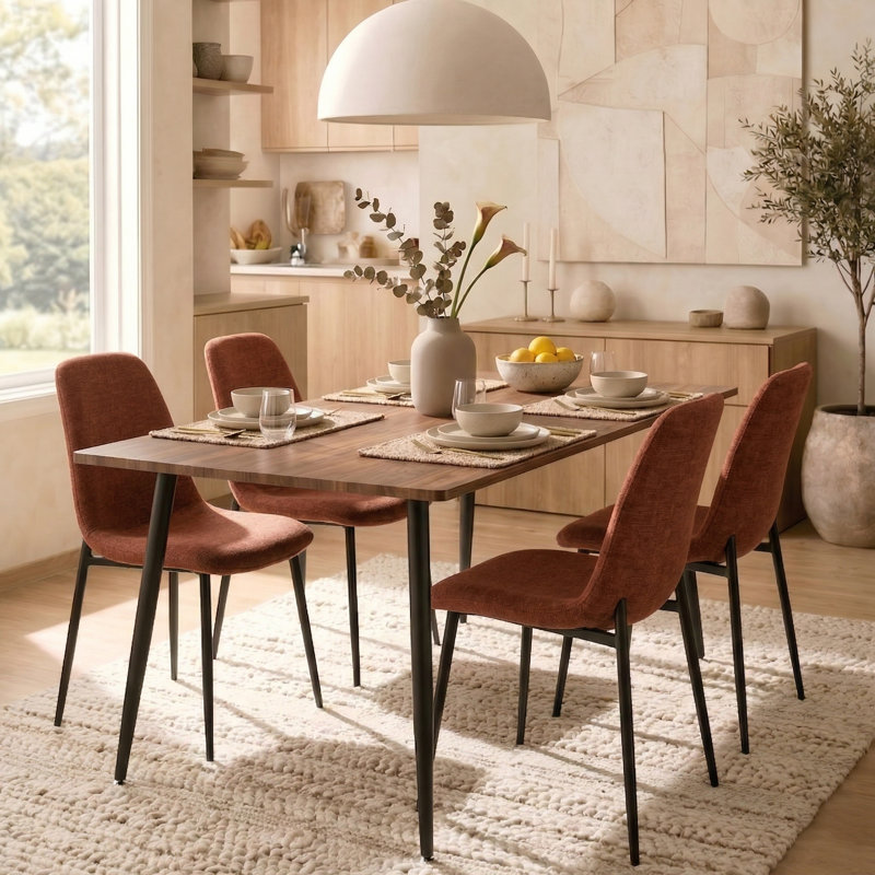 Izzat 4-Person Dining Set with 47" D Rectangular Table and Chenille Chairs, Terra