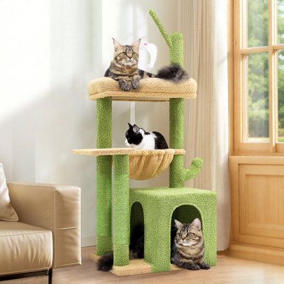Cactus Cat Tree Tower - Sturdy Cat Condo With Scratching Posts, Hammock, And Anti-Tip Kit For Small Spaces And Large Cats