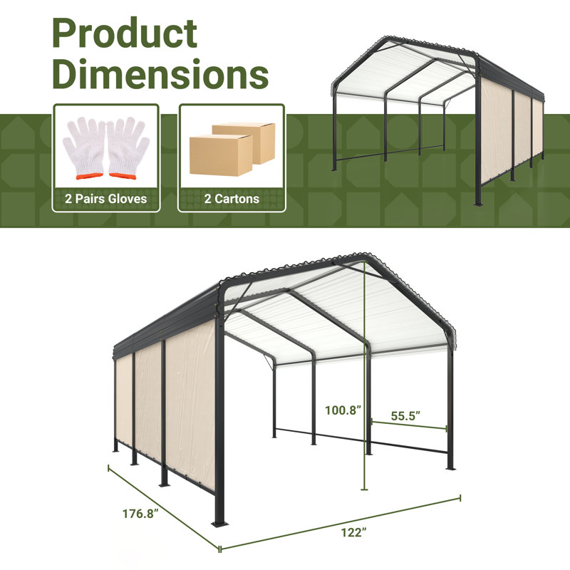10 ft. W x 15 ft. D Metal Carport with Fabric Sidewalls, Heavy-Duty Steel Frame, Outdoor Canopy Shelter