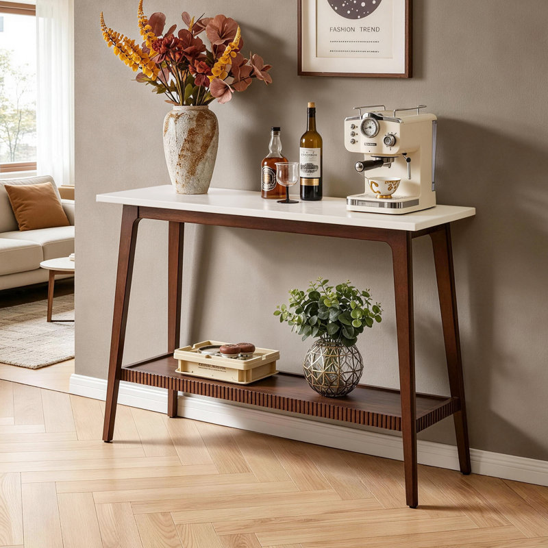 Console en bois massif, structure en bois d'hévéa massif, table d'entrée étroite à 2 niveaux de style Mid-Century, table d'appoint avec plateau de table blanc et tablette de rangement