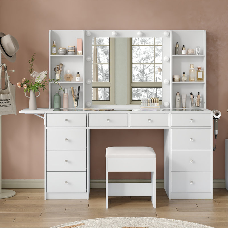 Coiffeuse de maquillage avec miroir lumineux, station de charge, 4 tablettes, panneau rabattable, 10 tiroirs, 3 modes d'éclairage