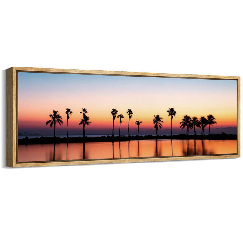 «Tropical Serenity Palm Tree Silhouette at Sunset Stripes Antique Retro Extra Large Wall Decor», reproduction encadrée