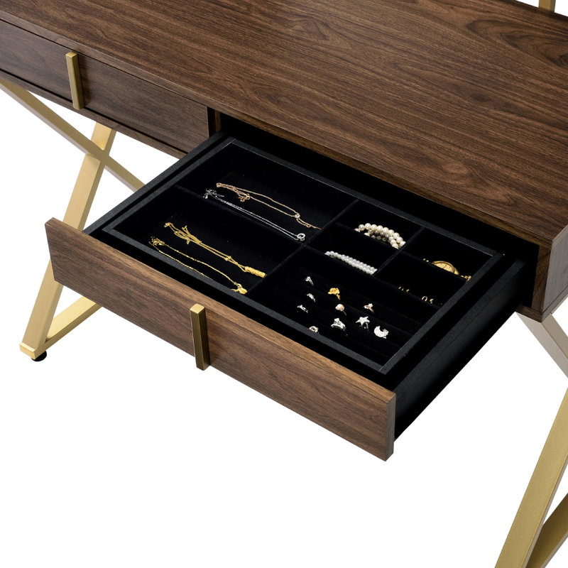 2 Drawers Walnut Vanity Desk With Mirror And Jewelry Tray, Gold Metal Structure, 42 In Depth, 19 Width, 50 Height, For Clean - Looking Frame, Ideal For Organized Makeup Routine, Height