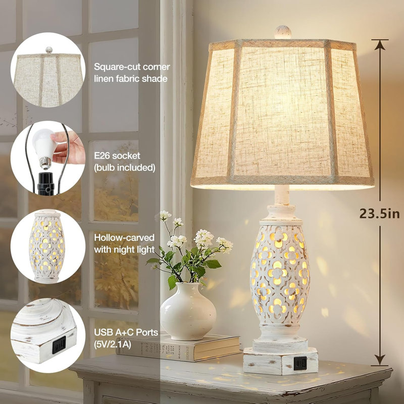 Ensemble de 2 lampes de table 23,5 "rétro avec USB A + C et veilleuse - Lampe de bureau en résine sculptée pour chambres à coucher, tables de bout, salon, ampoules incluses