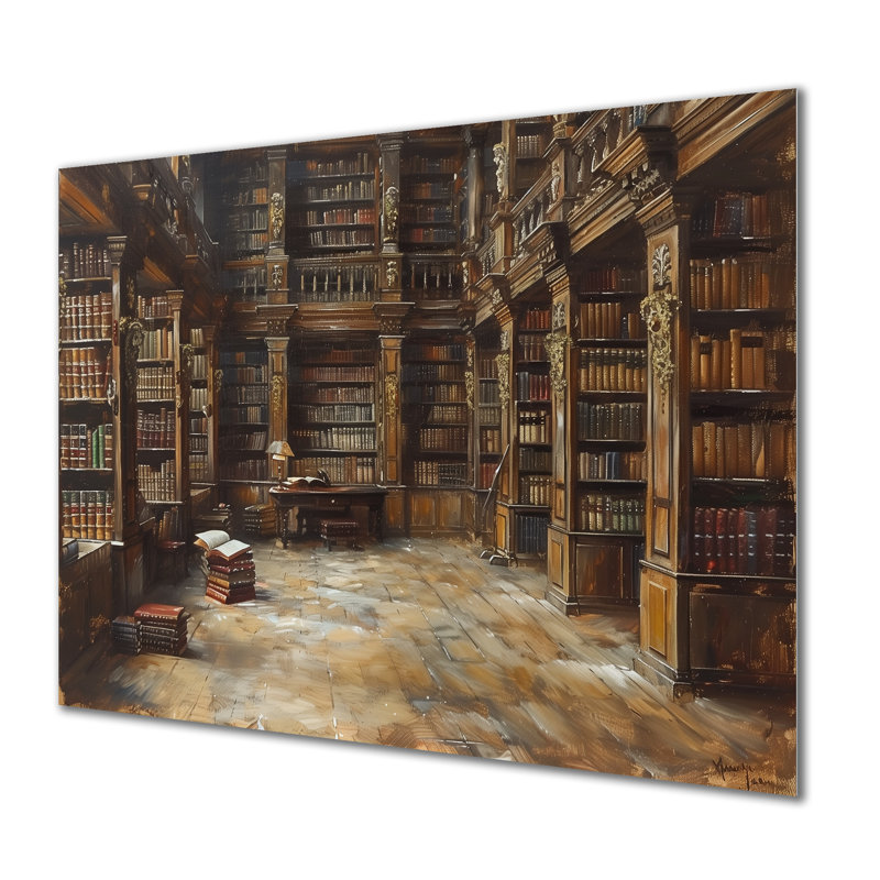 Impression d'art mural brun et beige rétro - Bibliothèque II, Sans cadre, métal, H 34 po x l 44 po