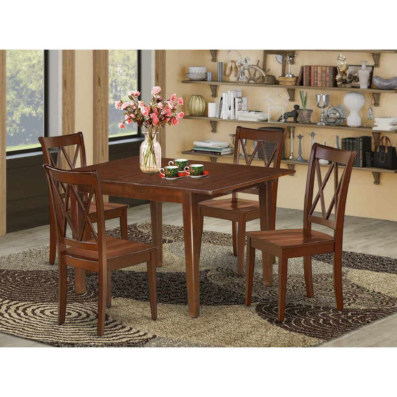 5 Piece Kitchen Table & Chairs Set Includes a Rectangle Dining Room Table with Butterfly Leaf and 4 Solid Wood Seat Chairs, Mahogany