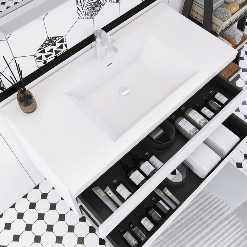 Meuble-lavabo mural simple avec plateau en résine, 42", Blanc lustré