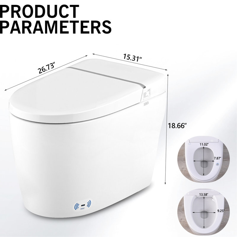 White Smart Toilet Bidet With Foot Sensor, Heated Seat, Night , Massage Wash, Self-Cleaning Nozzle, Auto Flush Pre-Wet, Remote Control,