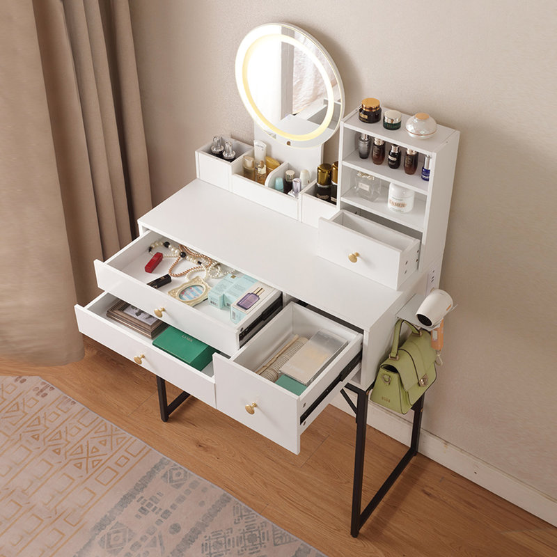 Meuble-lavabo moderne avec miroir lumineux, prise de courant, 4 armoires de rangement, douille lumineuse de table blanche, 4 tiroirs,