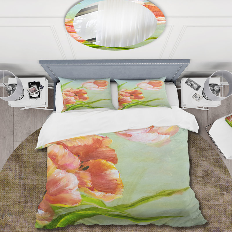 Fleurs de tulipes rouges rétro I - ensemble de housse de couette traditionnel - microfibre de polyester