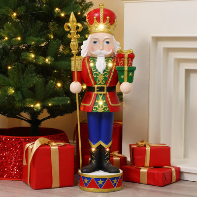 Casse-noisette traditionnel de 90 cm de haut, soldat tenant une boîte-cadeau avec lumières