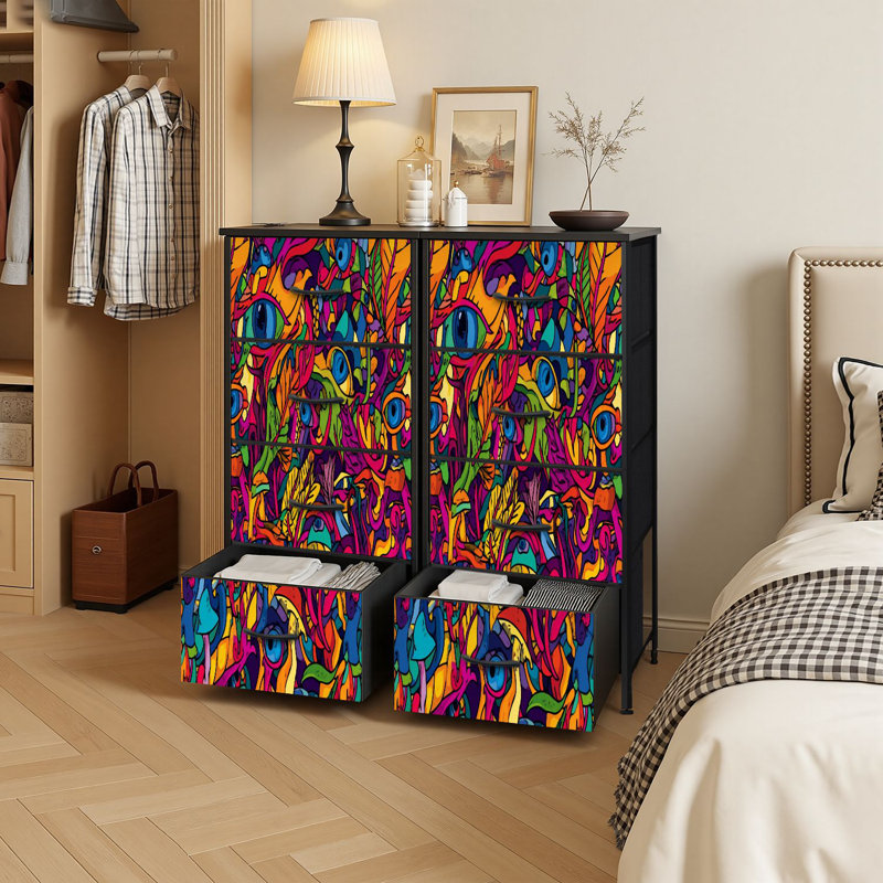 4 Drawer Vertical Storage Dresser 60s hippie psychedelic art with Wood Top &amp; Fabric Pull Drawers
