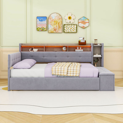 Upholstery Daybed with Trundle, Shelves, USB Charging and LED Light