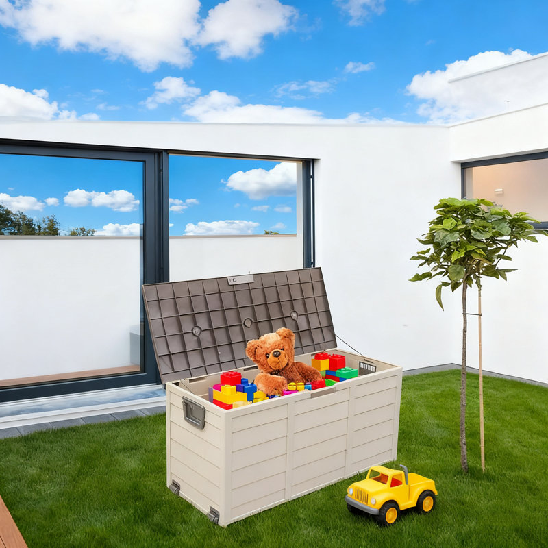 75gal (280l) Outdoor Garden Plastic Storage Deck Box(brown), Lockable Chest Seat For Tools/cushions/toys, Weather-resistant Uv-protected Plastic – Ideal For Garden/patio/garage, No-tool Assembly, Moulded Side Handles, Clutter-free Storage