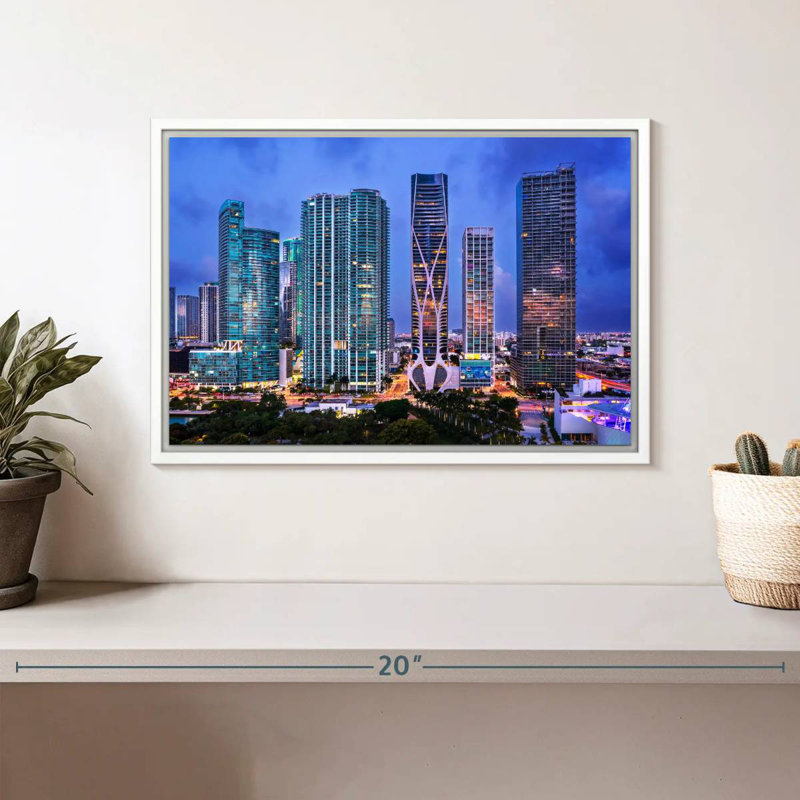 Vue aérienne du centre-ville de Miami, Cadre flottant blanc, 13 po x 9 po