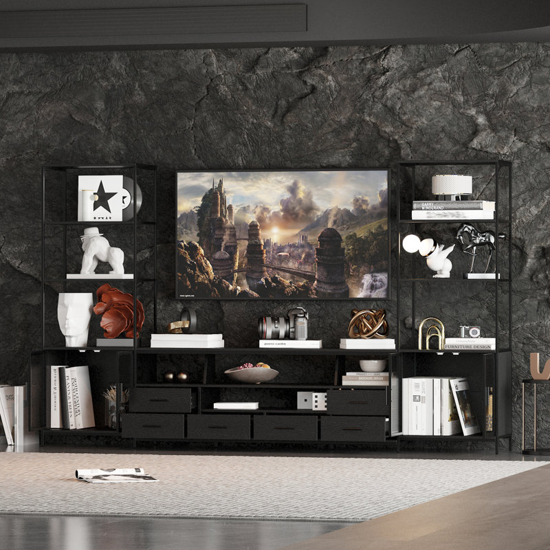 Modern Black Entertainment Center With 6 Drawers, Metal Mesh Doors, And Carbon Steel Frame