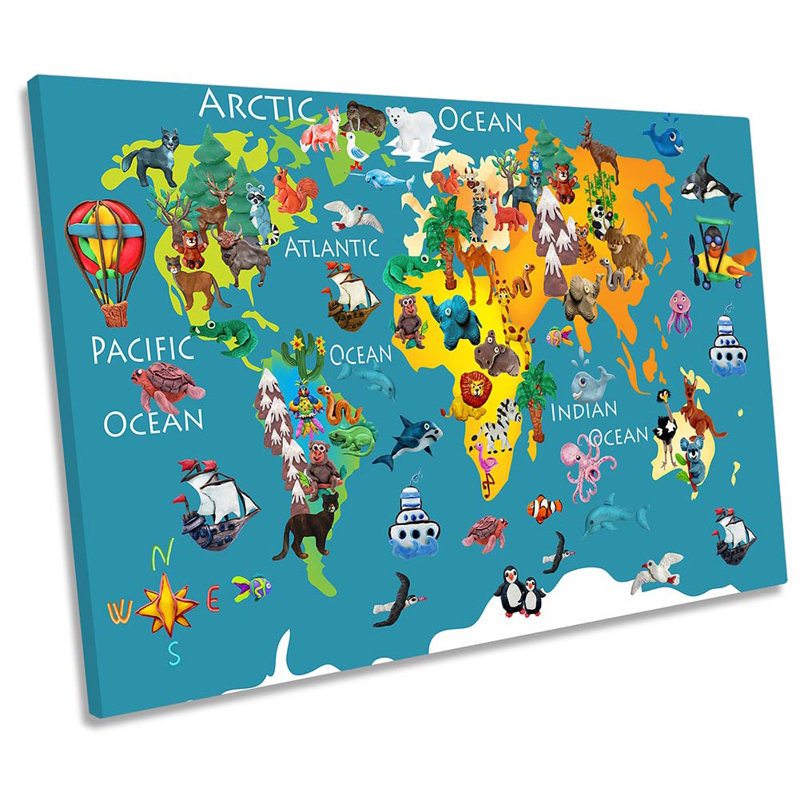 Animals Map World - Wrapped Canvas Print, 91.4cm H x 137.2cm W 