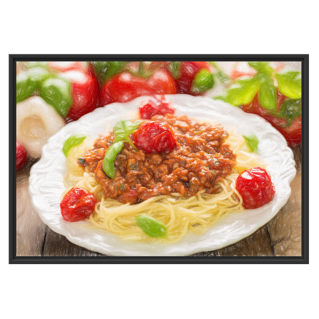 Gerahmtes Wandbild Spaghetti Bolognese auf dem Teller