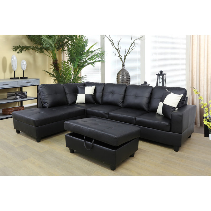 Brevard 103.5" Wide Faux Leather Sofa & Chaise with Ottoman, Left Hand Facing, Black