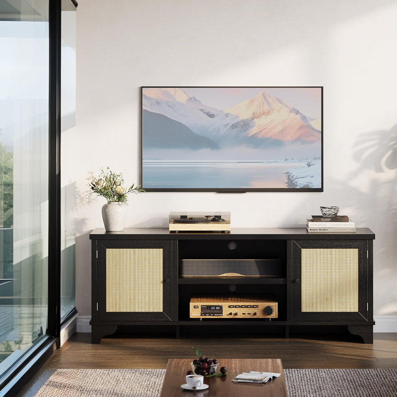 Meuble télé pour téléviseur de 65 po ou moins, meuble télé avec armoires et tablettes ouvertes