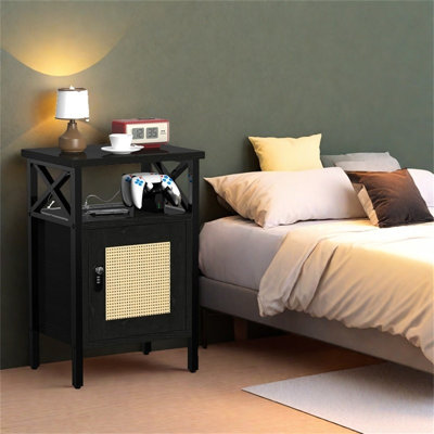 Locked Rattan Nightstand With Charging Station - Modern Wood Side Table With Door & Open Shelves