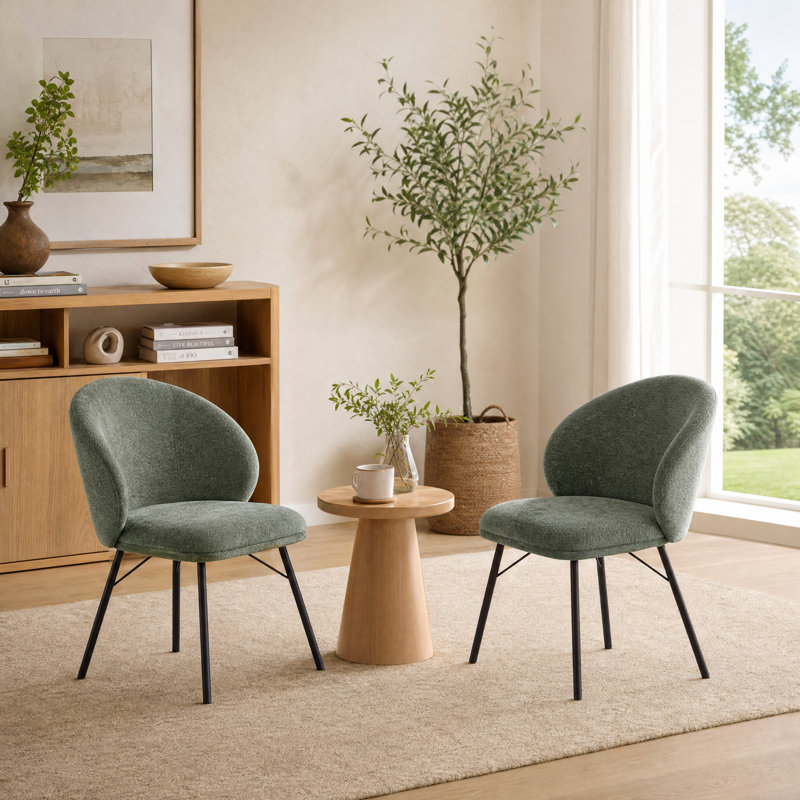 Chaises de salle à manger rembourrées en tissu crème chenille, chaises sans accoudoirs à dossier incurvé avec pieds en métal noir