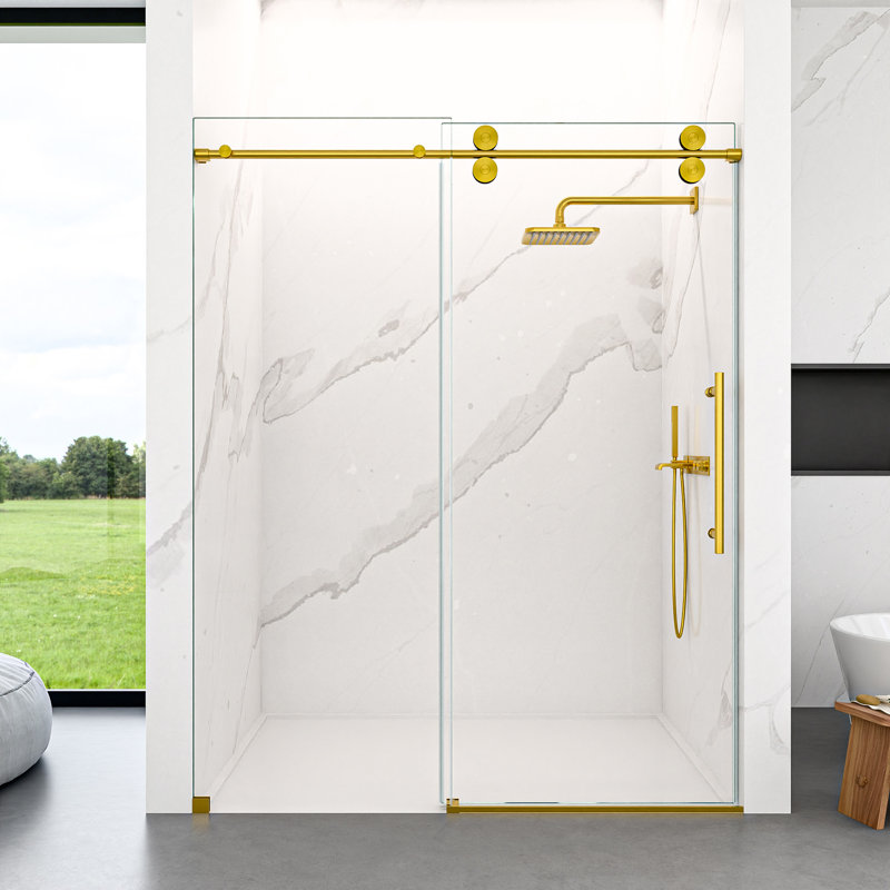 Porte de douche coulissante simple sans cadre de 56 à 60 po x H 72 po - Verre trempé transparent de 5/16 po (8 mm), conception à dérivation