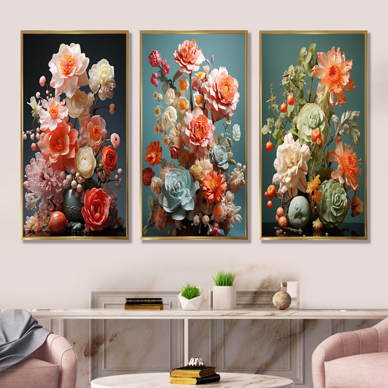 Floral Oasis Bouquet I - Fleurs, ensemble de 3 reproductions d'art mural, Cadre flottant doré, H 28 po x l 36 po