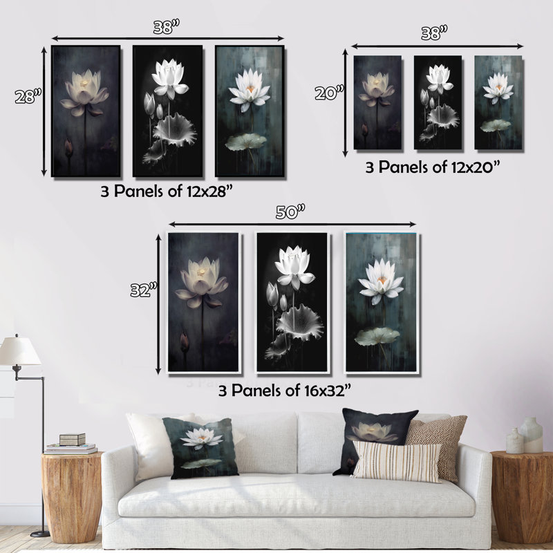 «Grey Monicolen Lotus Symphony», 3 pièces sur toile, Cadre flottant blanc, H 32 po x l 48 po