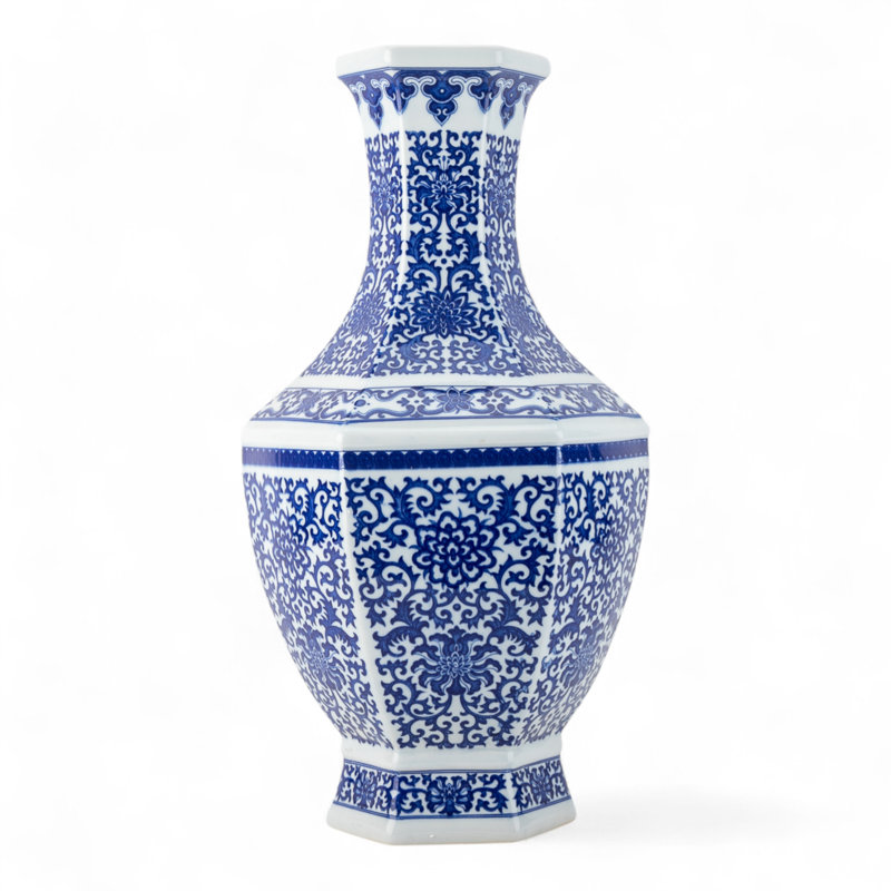 Hex Blue and White Filigree Vase