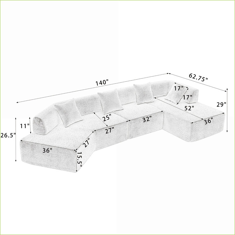 Canapé modulaire en L 140 po et 4 places modulaire minimaliste moderne blanc neige | Modulaire | Pas d'assemblage | Blanc | Standard