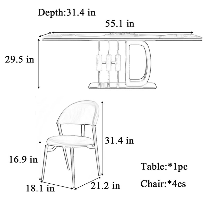Table et chaise haut de gamme rectangulaire légère de luxe, Blanc, H 29,5 po x L 55,1 po x l 31,4 po
