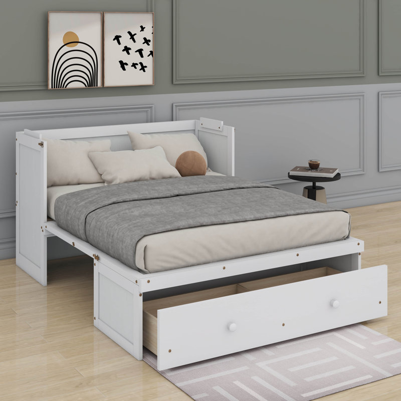 Lit escamotable double avec port USB et grand tiroir, Blanc