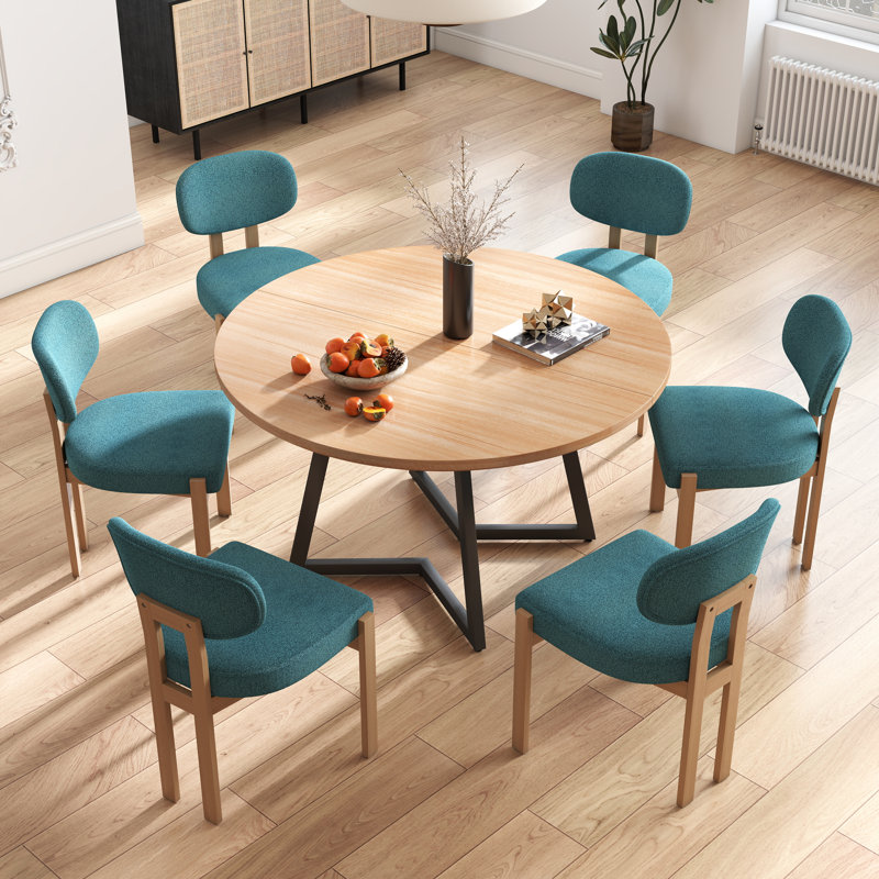 47.2 Inch Round Dining Table Set, Beige, 7, Natural/Black