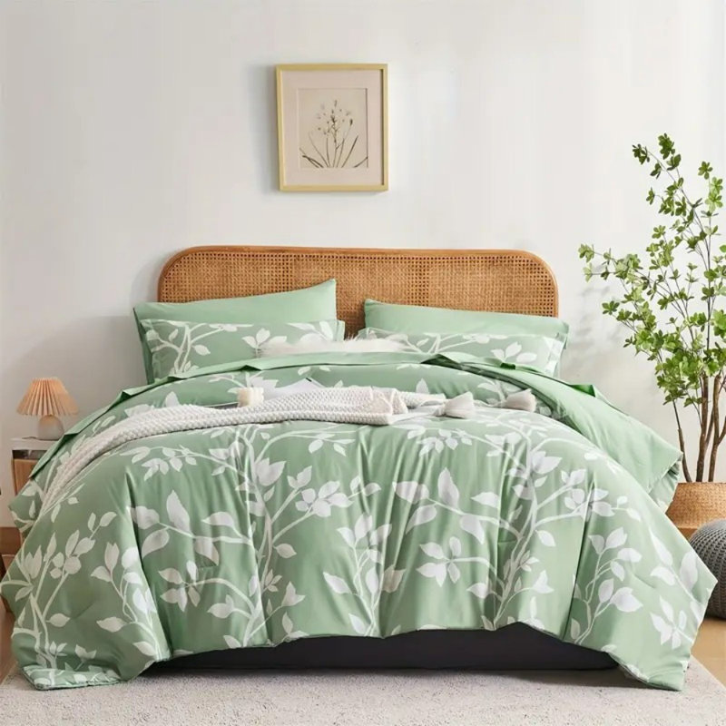 7 pièces courtepointe à motif de fleurs et de plantes vertes et literie respirante douce et confortable, parfaite pour toute chambre à coucher ou chambre d'amis (1 courtepointe + 1 drap plat + 1 drap-housse + 1 taie d'oreiller sans bourre)