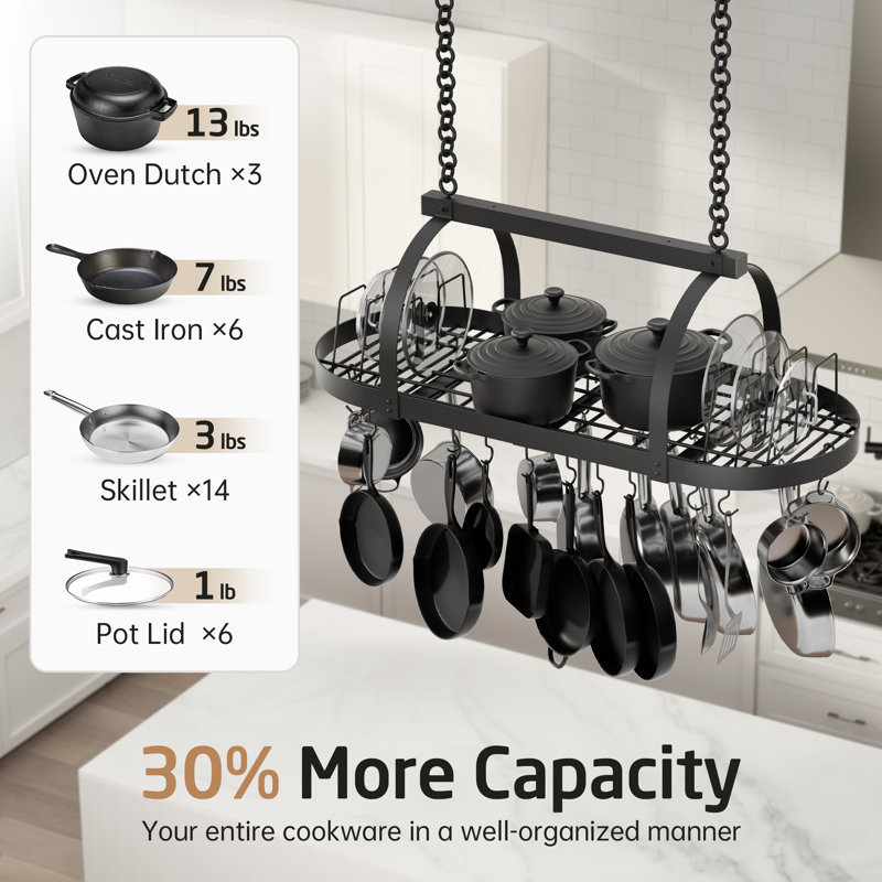 48 Inch Large Ceiling Pot Rack with Lid Organizer, Oval Heavy Duty Hanging Pot Rack for Kitchen Over Island with 20 Hooks, Matte Black