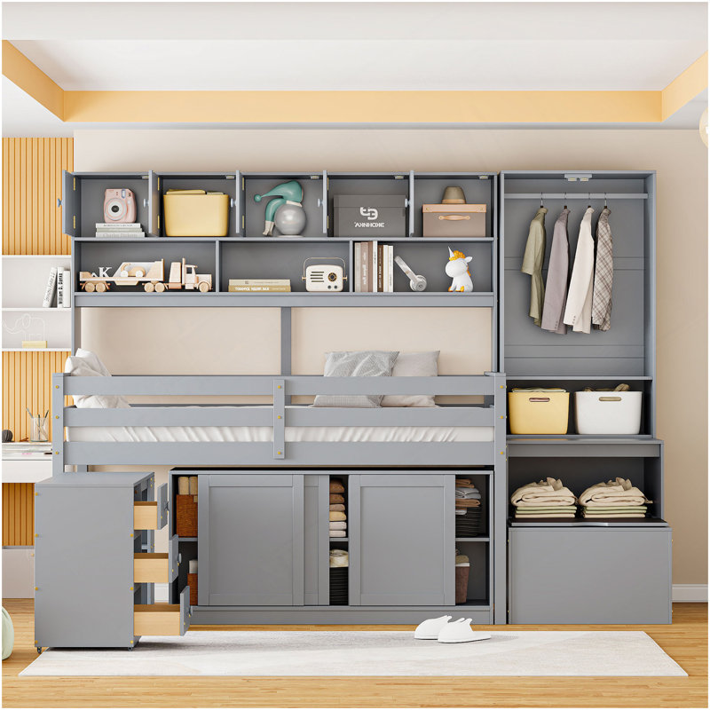 Lit mezzanine simple en bois avec grand rangement et bureau sous le lit, avec tiroirs et tablettes, gris, Lit simple, Gris